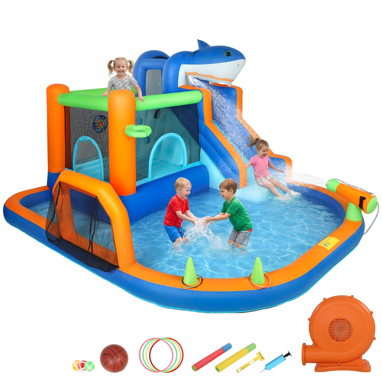 Inflatable Bouncy Castle for Kids Sharks Theme with Slide, Ball Pit