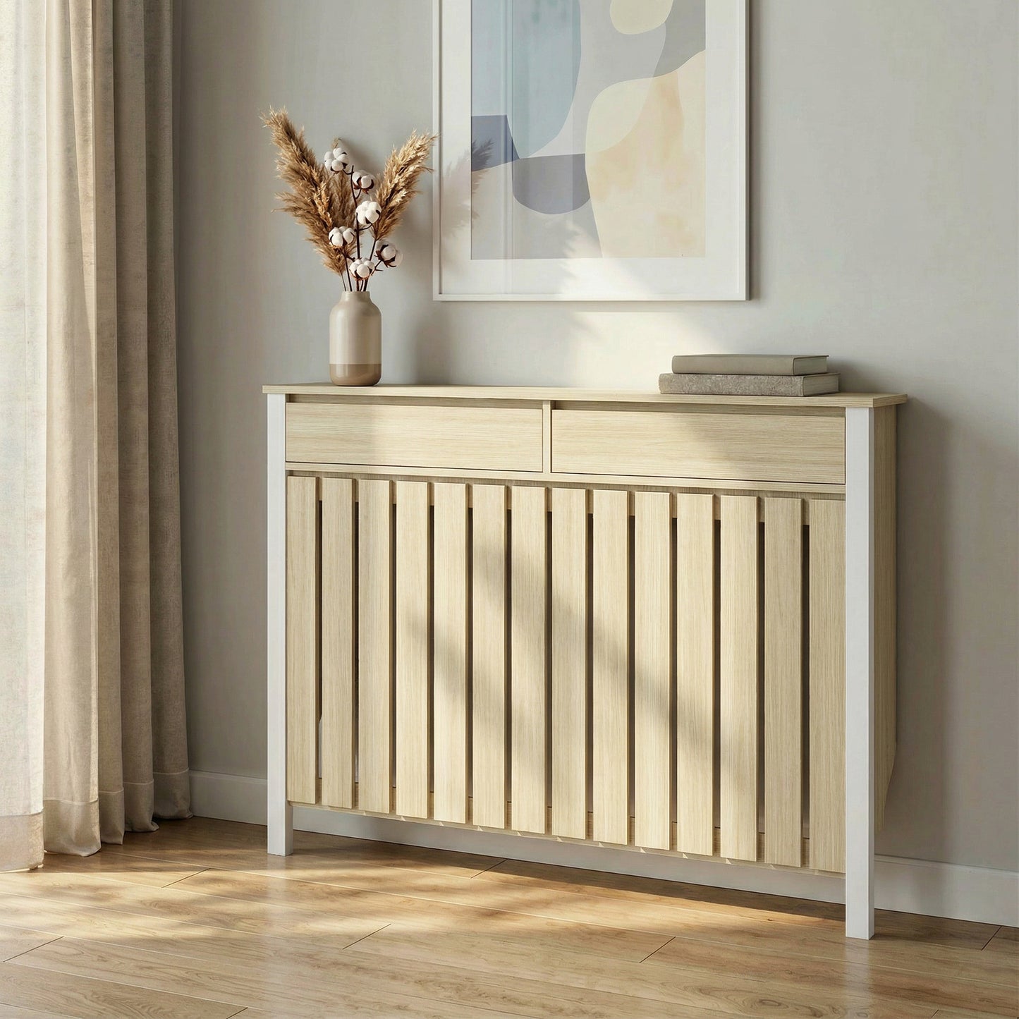 Large Radiator Cover with Drawers and Vertical Slats Oak