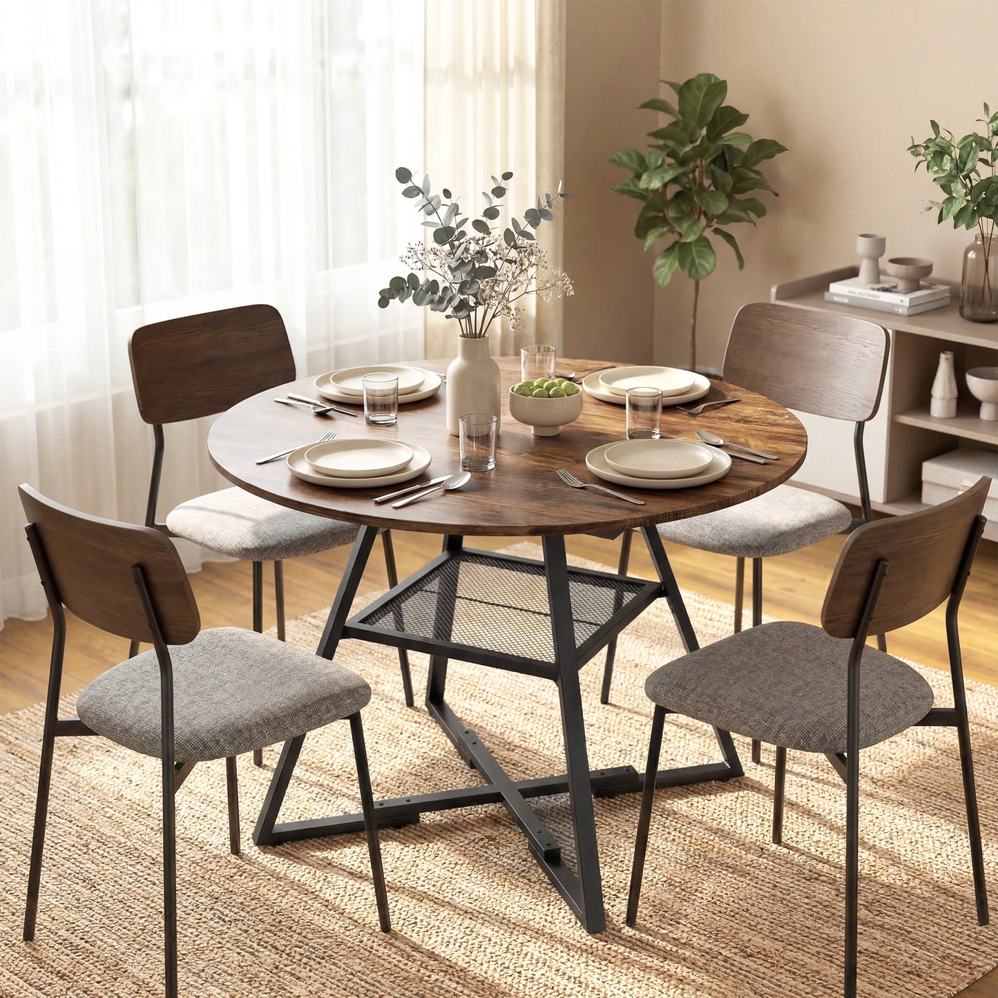 Round Dining Table for 4, 100 cm Kitchen Table w/ Shelf, Rustic Brown