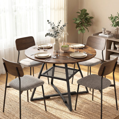 Round Dining Table for 4, 100 cm Kitchen Table w/ Shelf, Rustic Brown