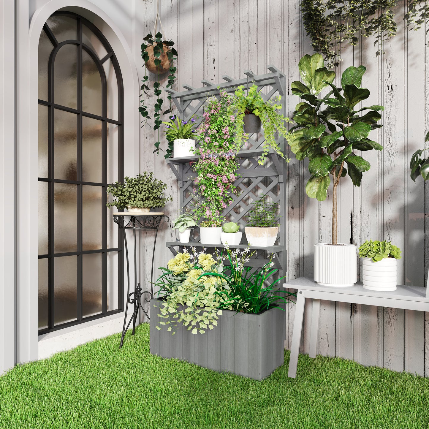 Wooden Raised Planter with Trellis and 2 Shelves, Grey