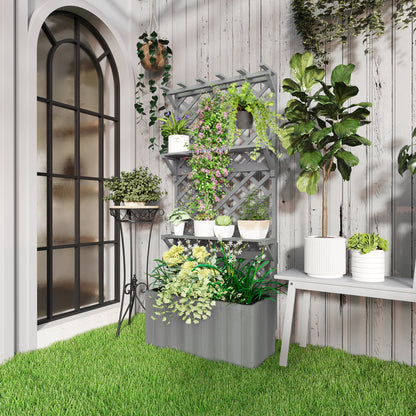 Wooden Raised Planter with Trellis and 2 Shelves, Grey