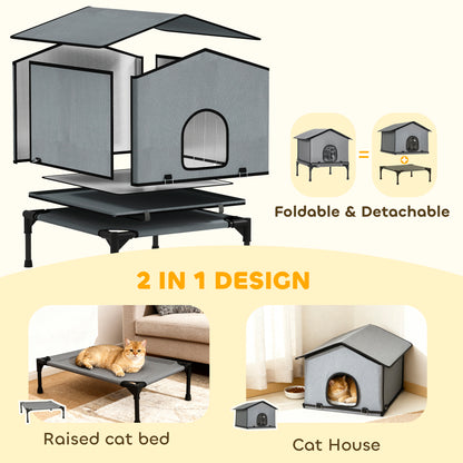Outdoor Cat House, Feral Cat Shelter with Elevated Base, Grey