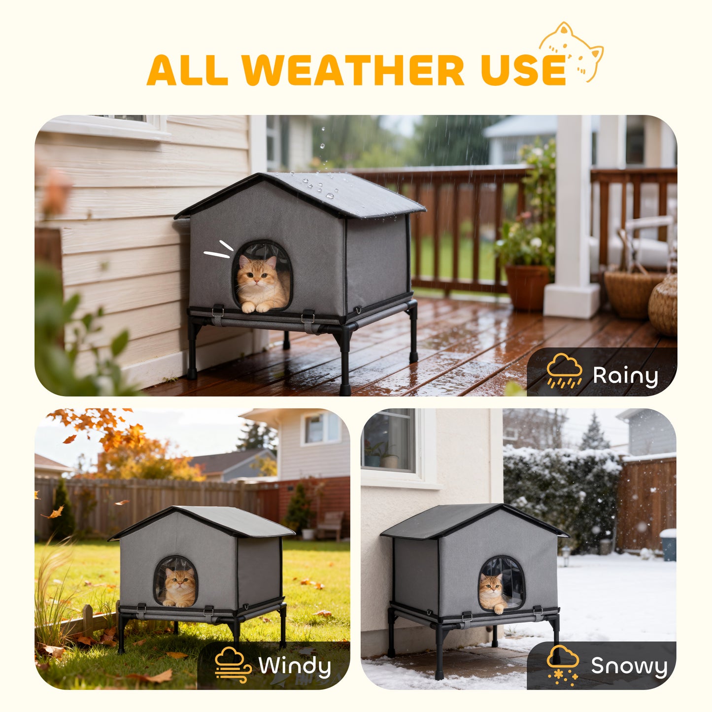 Outdoor Cat House, Feral Cat Shelter with Elevated Base, Grey