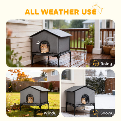 Outdoor Cat House, Feral Cat Shelter with Elevated Base, Grey