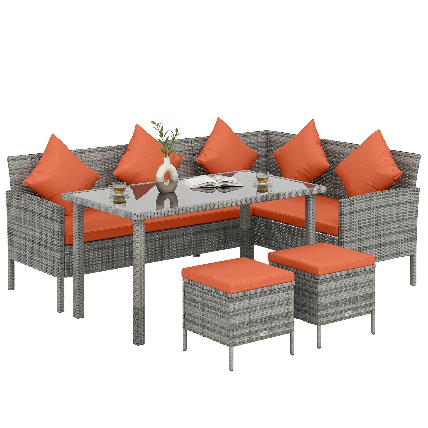 5Pcs Rattan Dining Corner Sofa Set, Garden Furniture Set, Orange