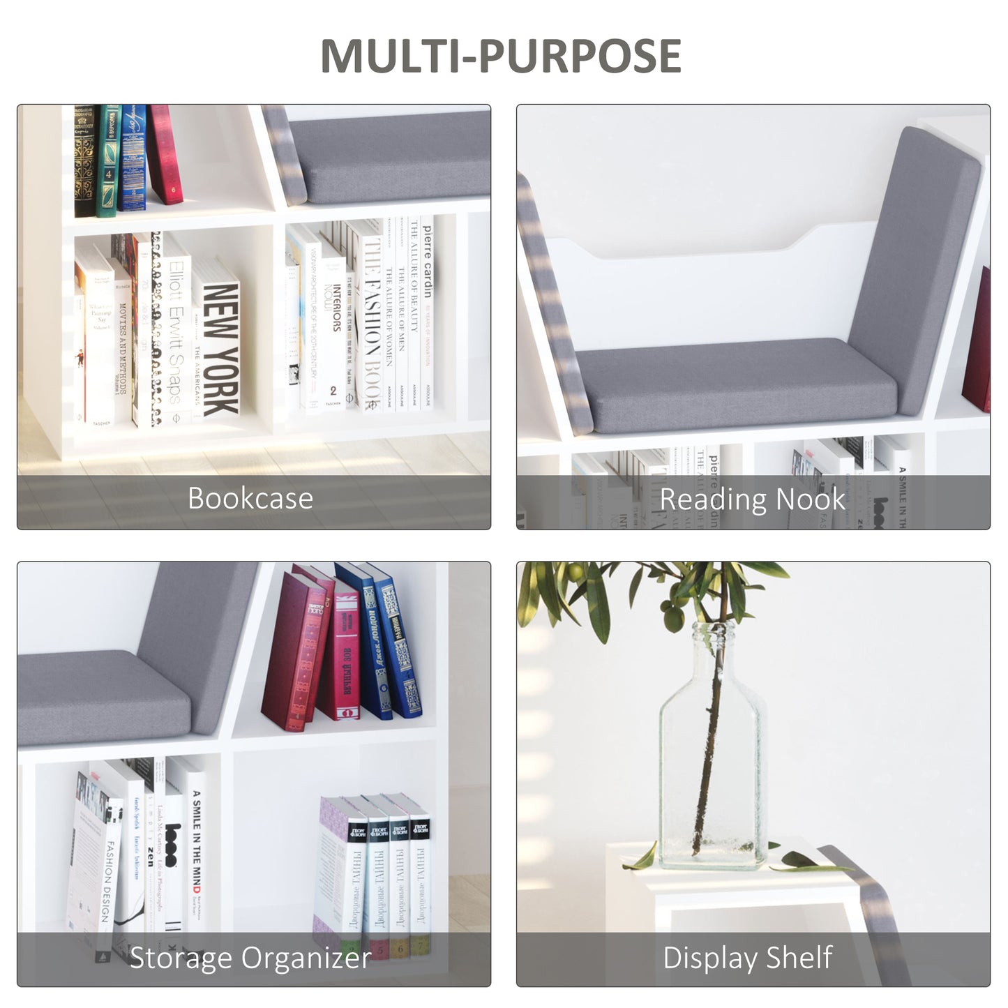 HOMCOM Bookcase Storage Shelf with Cushioned Reading Seat, Cube Bookshelf Organizer for Bedroom Living Room, White