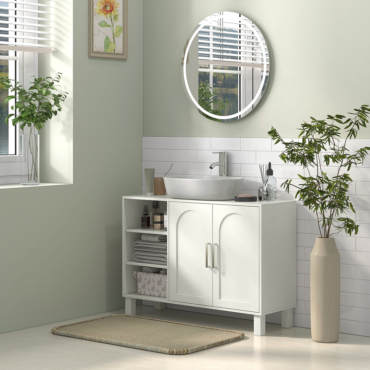 Under-Sink Bathroom Cabinet with Open Shelves and Cupboard - Cream
