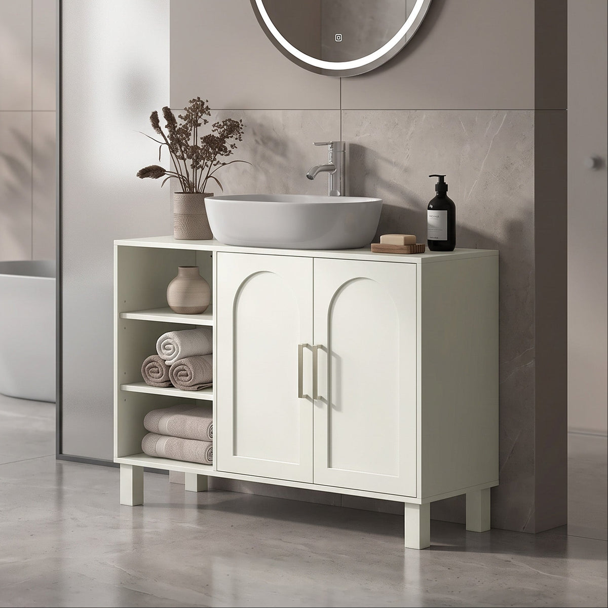 Under-Sink Bathroom Cabinet with Open Shelves and Cupboard - Cream