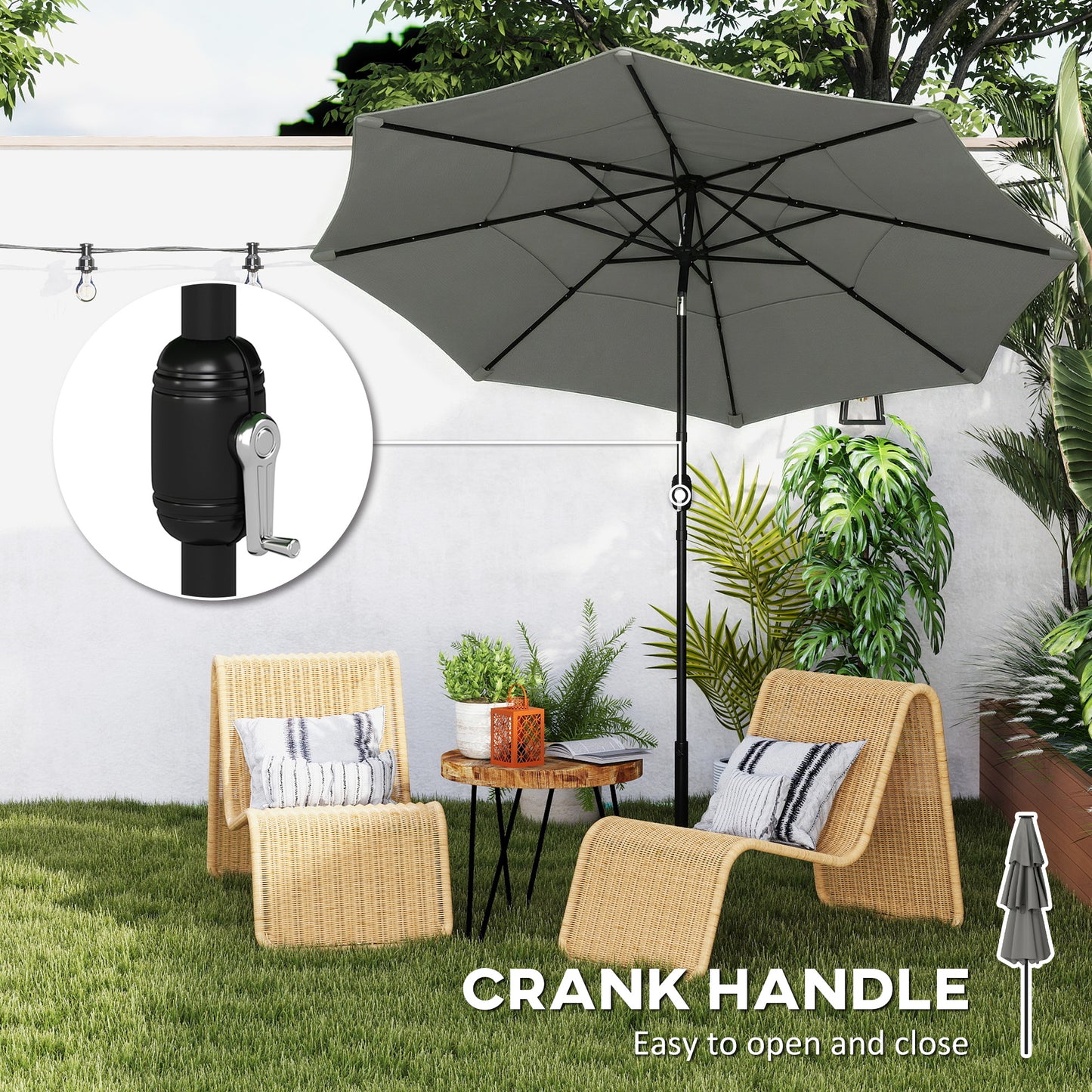 Garden Parasol, Outdoor Umbrella with Tilt Function, Grey