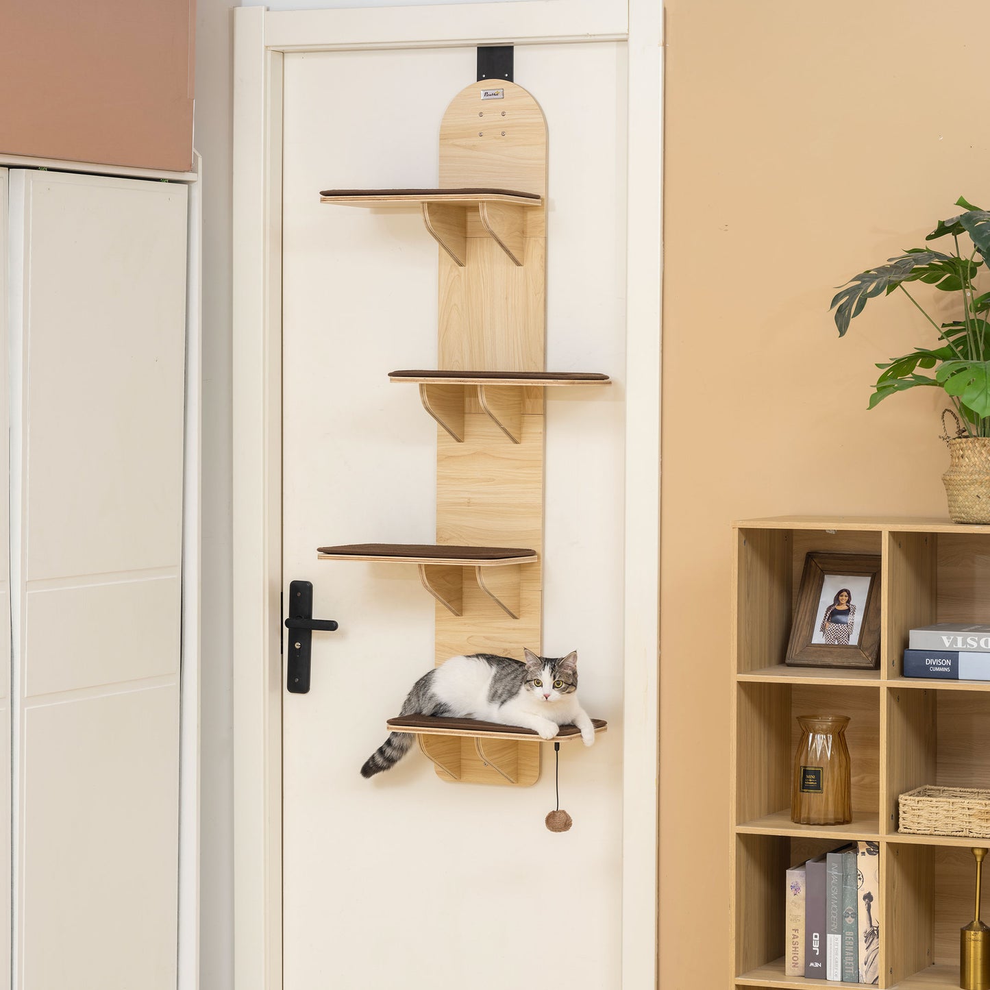 4-Level Cat Tree Door Mounted with Washable Plush Pads, Toy Ball