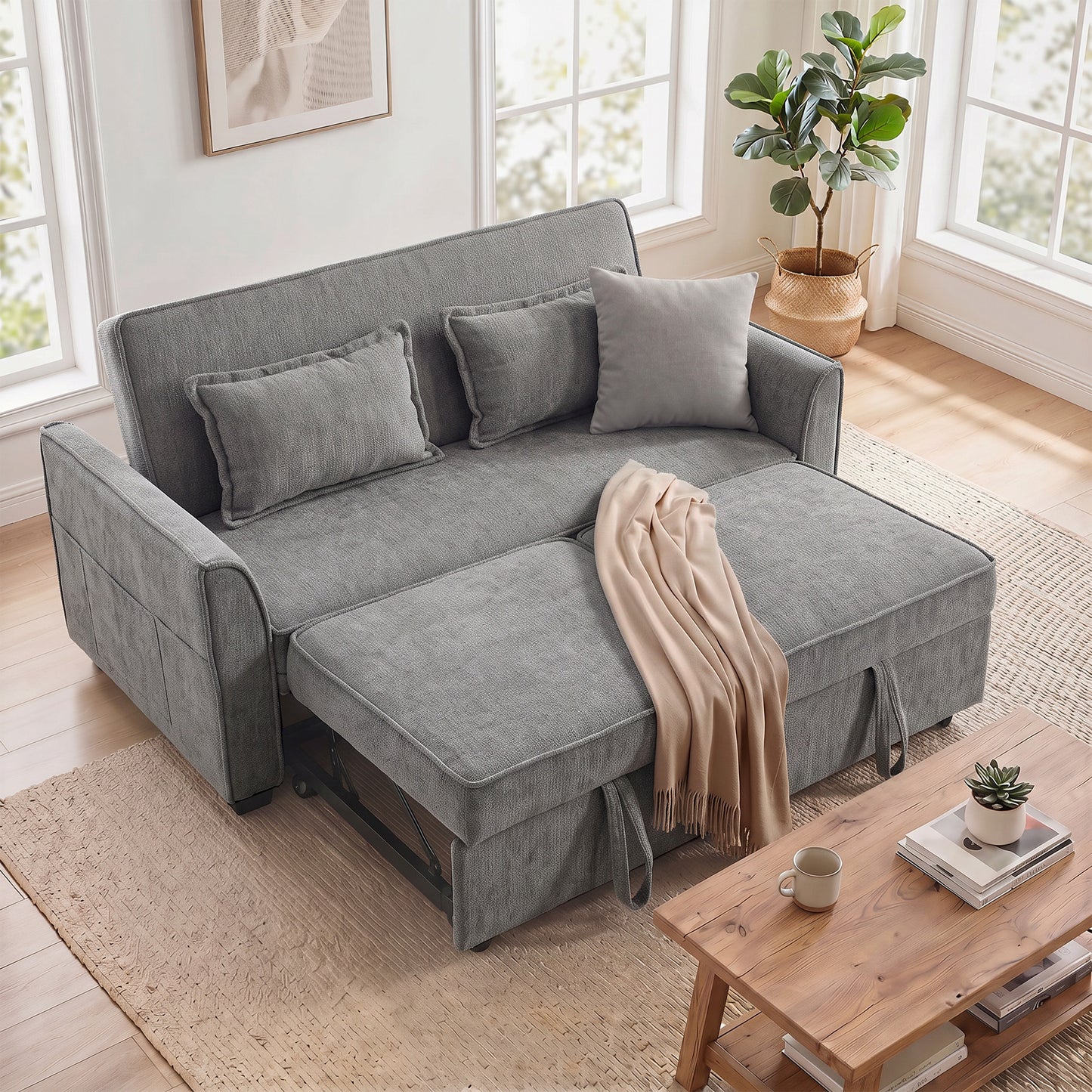 2 Seater Sofa Bed, 4-in-1 Convertible Pull Out Sleeper Sofa, Grey