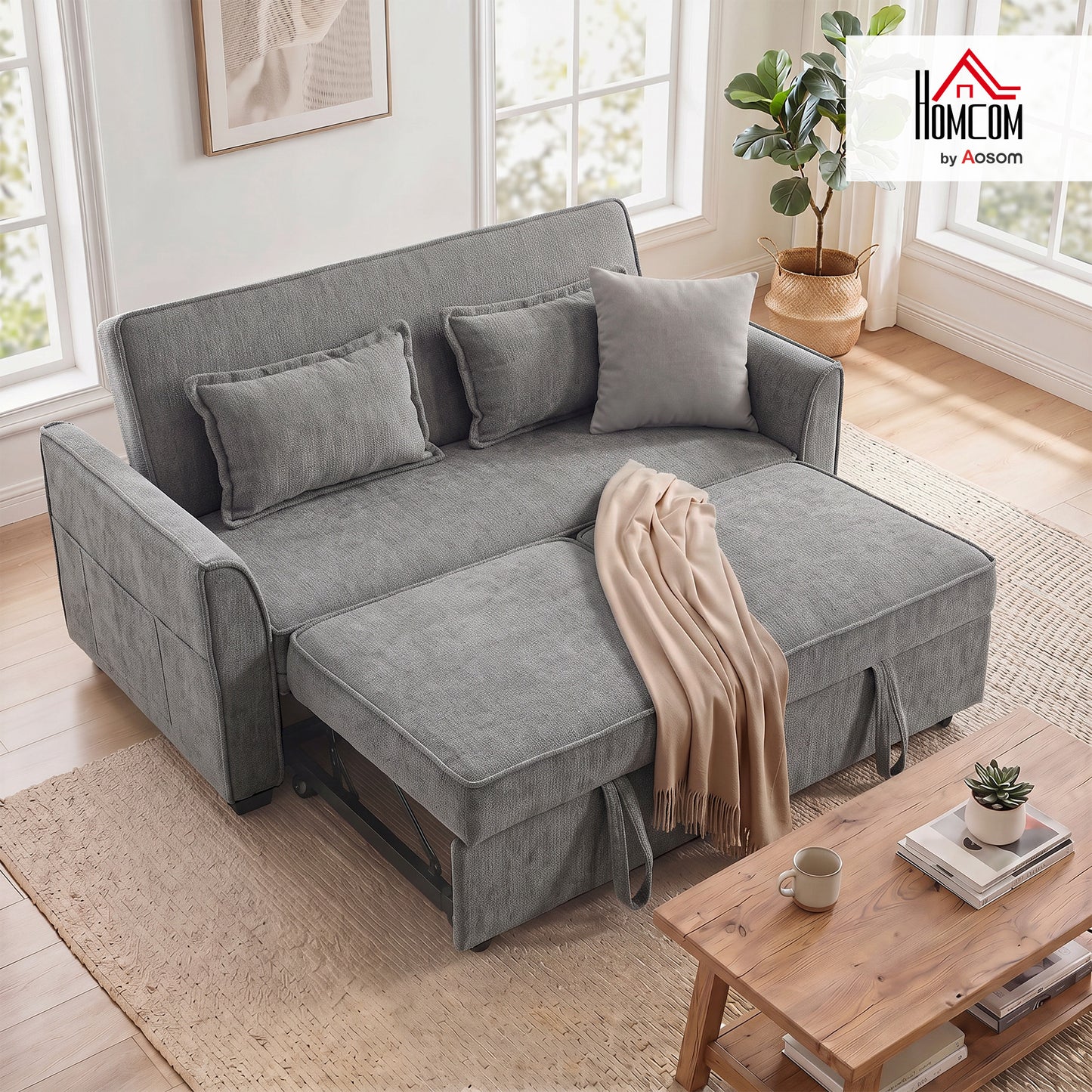 2 Seater Sofa Bed, 4-in-1 Convertible Pull Out Sleeper Sofa, Grey