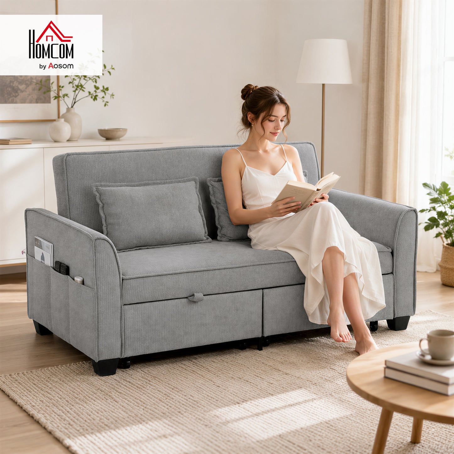 2 Seater Sofa Bed, 4-in-1 Convertible Pull Out Sleeper Sofa, Grey