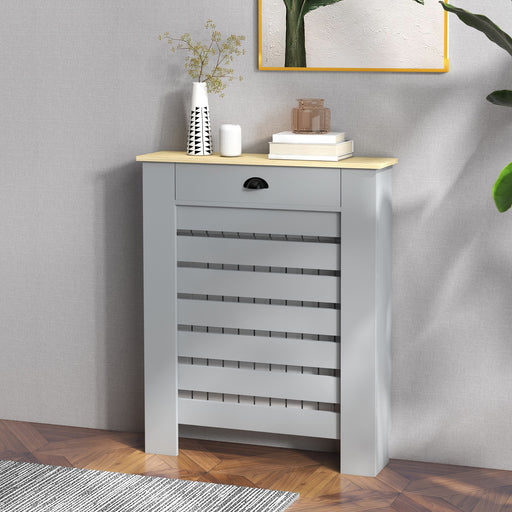 Radiator Cover with Drawer, Horizontal Slat, 78cm, Grey