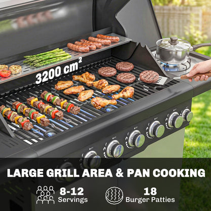 6+1 Burner Gas BBQ Grill, Barbecue Grill with Warming Rack, Silver