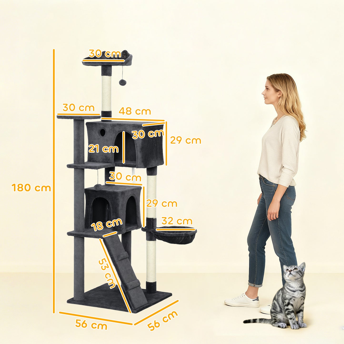 180cm Cat Tree Tower with Sisal Scratching Posts, Condos, Dark Grey