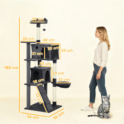 180cm Cat Tree Tower with Sisal Scratching Posts, Condos, Dark Grey