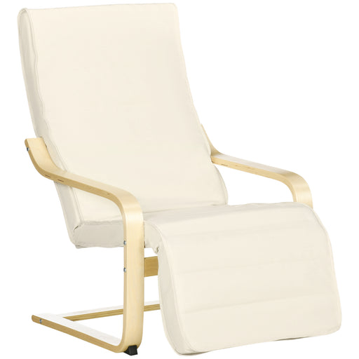 Wooden Lounging Chair Deck Relaxing Recliner Lounge Seat with Adjustable Footrest & Removable Cushion, Cream White