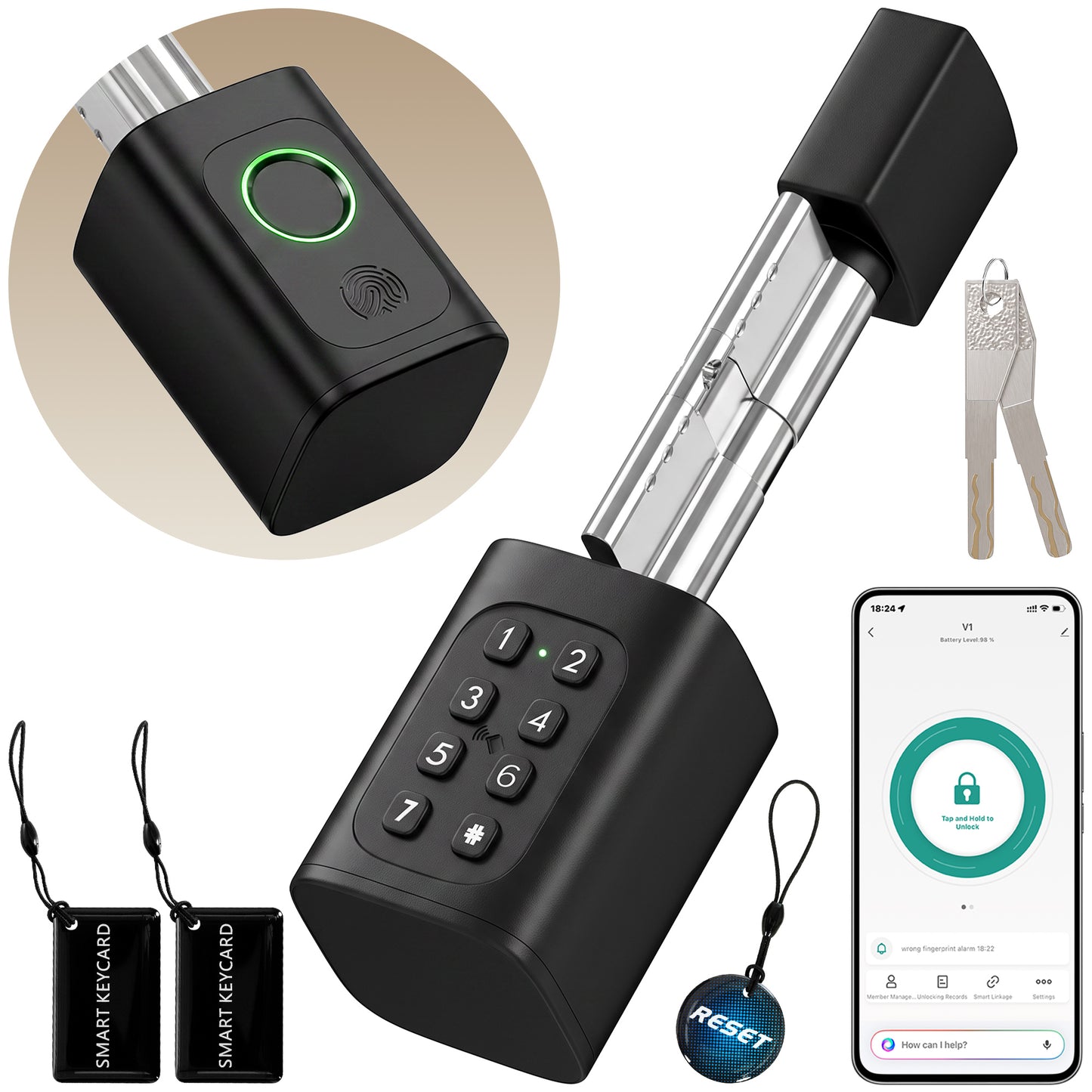 Smart Door Cylinder, 5-in-1 (Fingerprint/Passcode/APP/NFC/Key)