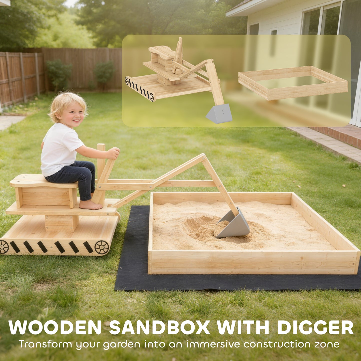 Wooden Sandbox with Digger 360° Swivel Seat