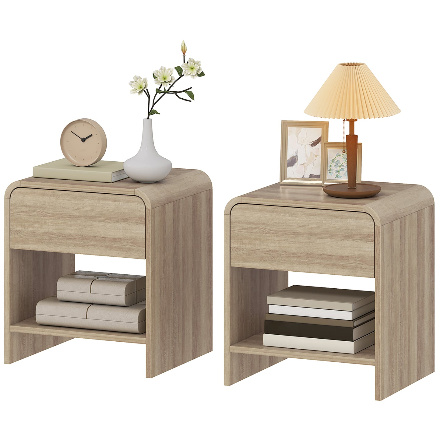 Bedside Tables Set of 2, Rounded Corner Nightstand Drawer Natural