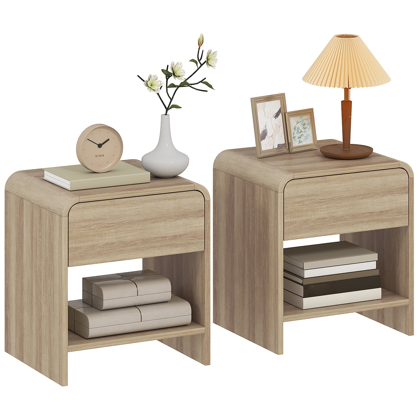 Bedside Tables Set of 2, Rounded Corner Nightstand Drawer Natural