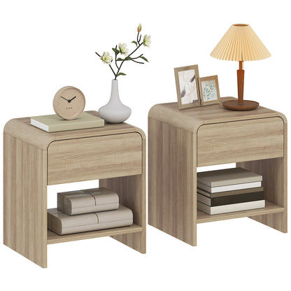Bedside Tables Set of 2, Rounded Corner Nightstand Drawer Natural