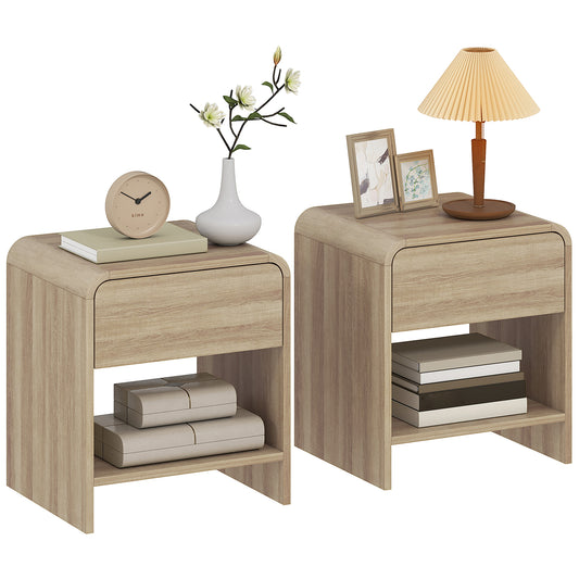 Bedside Tables Set of 2, Rounded Corner Nightstand Drawer Natural