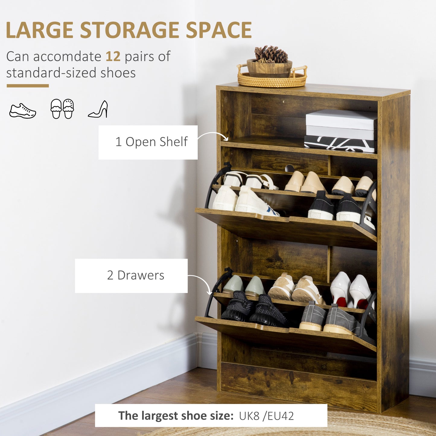 Rustic 2 Flip Door Shoe Cabinet with Adjustable Divider and Open Shelf