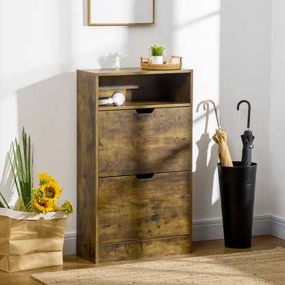 Rustic 2 Flip Door Shoe Cabinet with Adjustable Divider and Open Shelf