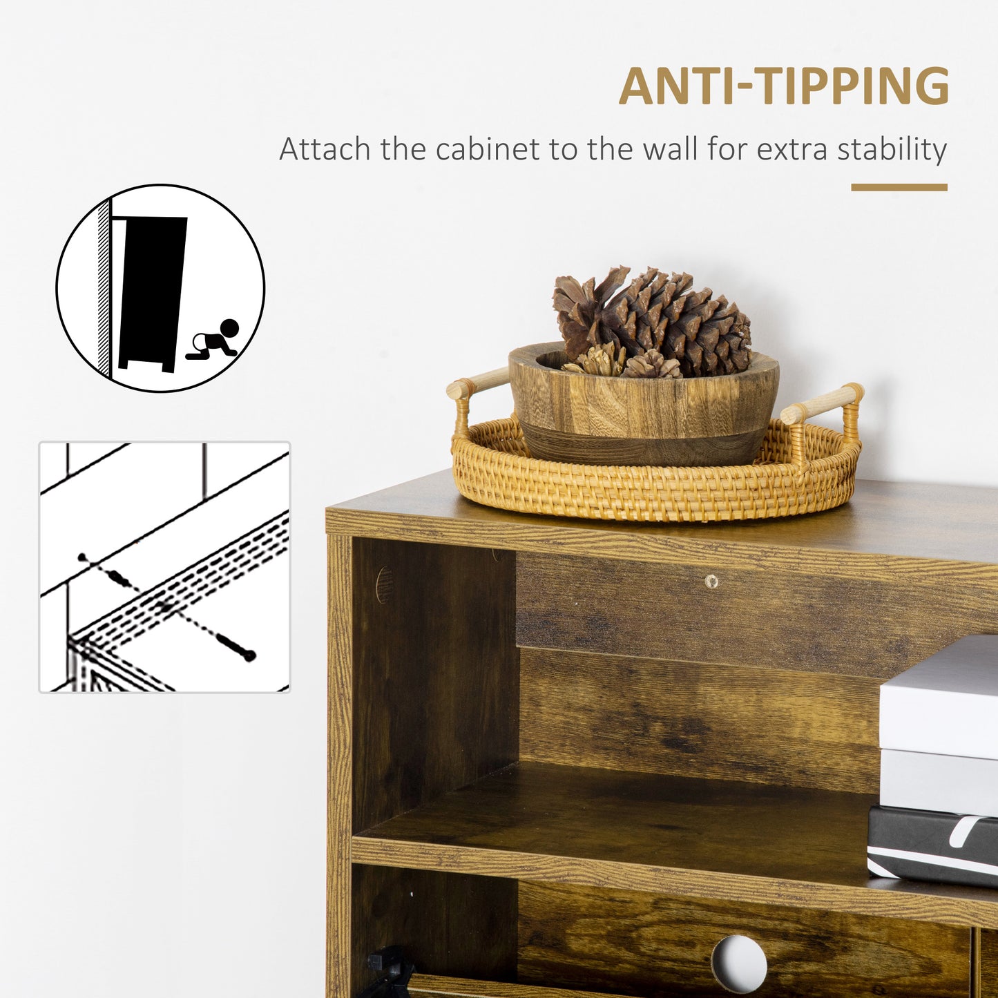 Rustic 2 Flip Door Shoe Cabinet with Adjustable Divider and Open Shelf