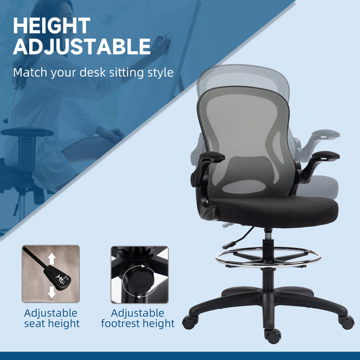 Draughtsman Chair Tall Office Chair w/ Adjustable Footrest, Dark Grey