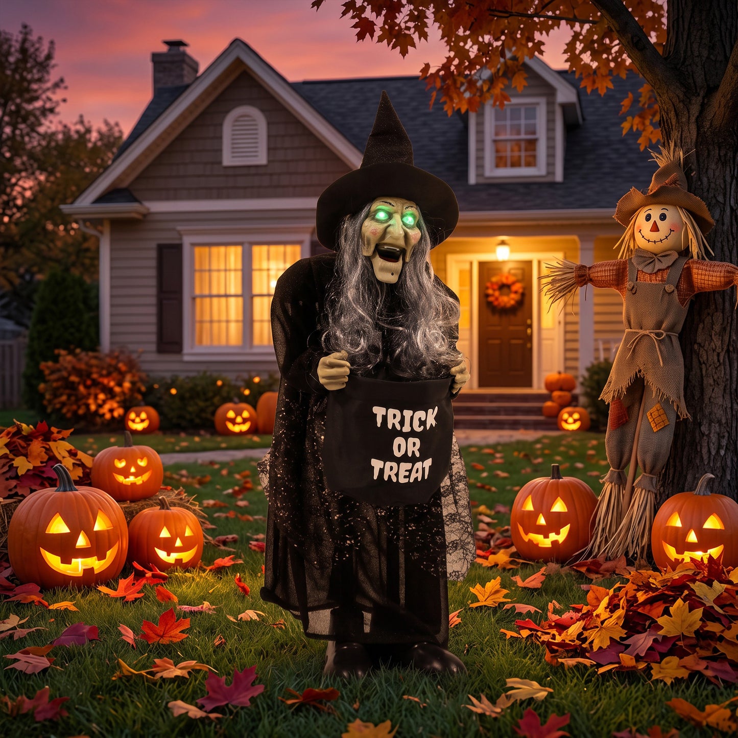 37" Animated Witch Halloween Decoration with Light Up Eyes for Party