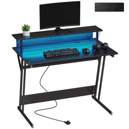 LED Gaming Desk with Power Outlets and Monitor Stand 100 x 60cm Black