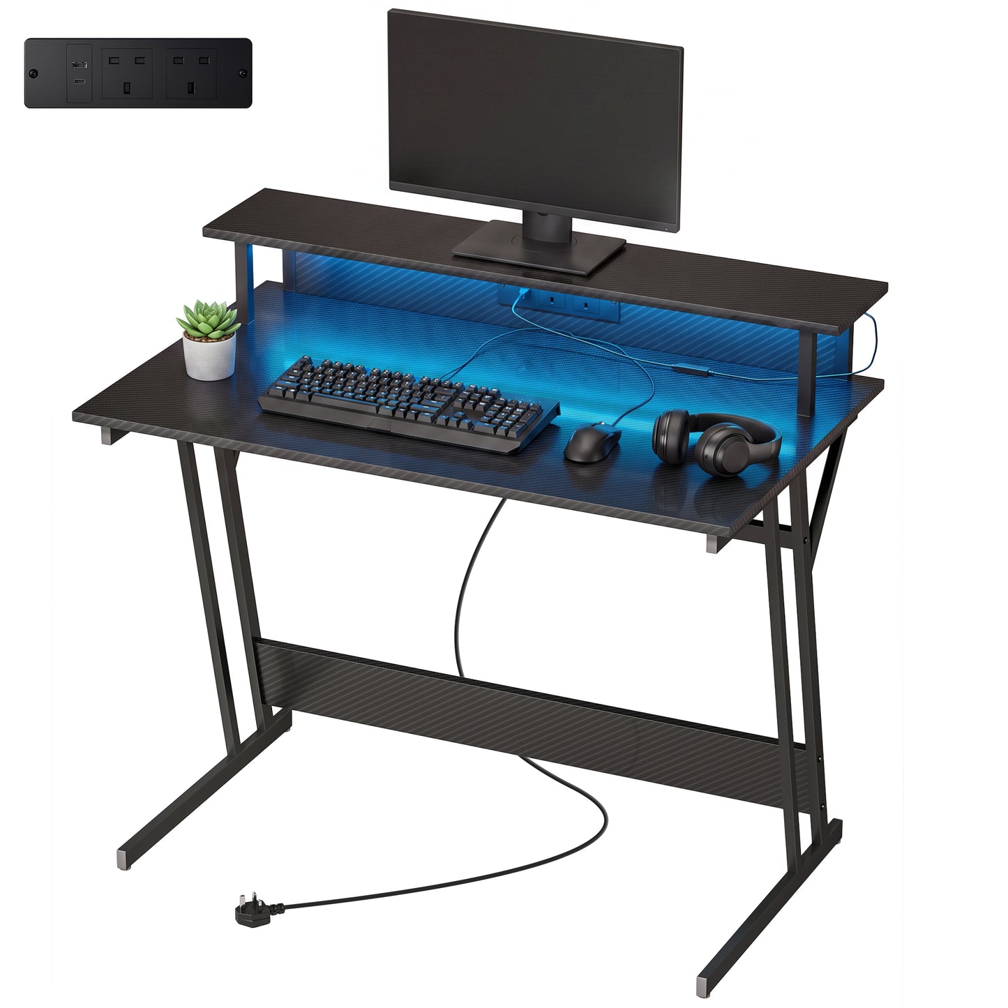 LED Gaming Desk with Power Outlets and Monitor Stand 100 x 60cm Black