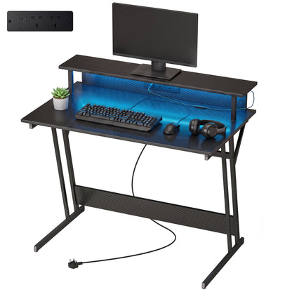LED Gaming Desk with Power Outlets and Monitor Stand 100 x 60cm Black