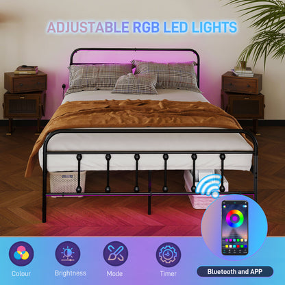 King Bed Frame with LED Lights and Charging Station, Black