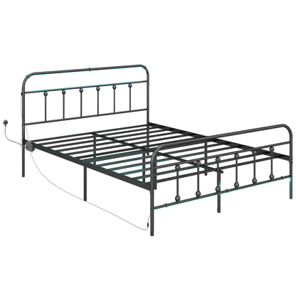 King Bed Frame with LED Lights and Charging Station, Black