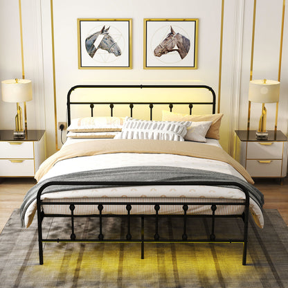 King Bed Frame with LED Lights and Charging Station, Black