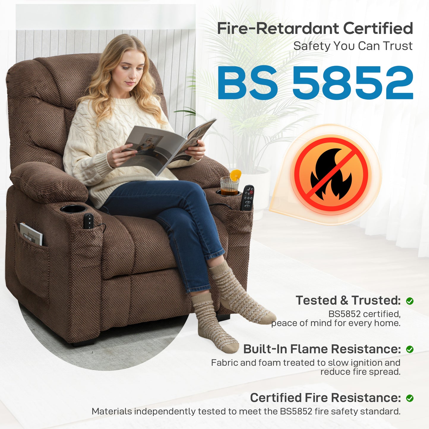 Electric Massage Recliner Armchair with Vibration, Heat, Whisper-Quiet Motor, Memory Function, Fleece Power Reclining Chair with Spring Pack, USB Port, Footrest, Side Pocket, Cup Holders, Brown