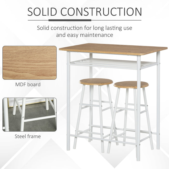 Bar Table Set, Bar Set-1 Bar Table and 2 Stools with Metal Frame Footrest and Storage Shelf for Kitchen, Dining Room, Pub, Cafe, White and Oak