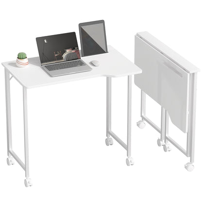Small Writing Desk with Wheels, Folding Study Table, White