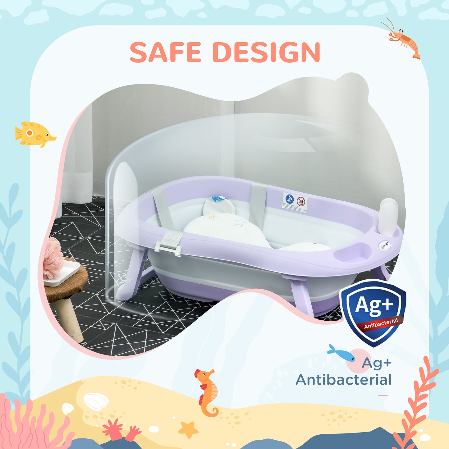 Foldable Baby Bathtub w/ Non-Slip Support Legs, Cushion Pad - Purple