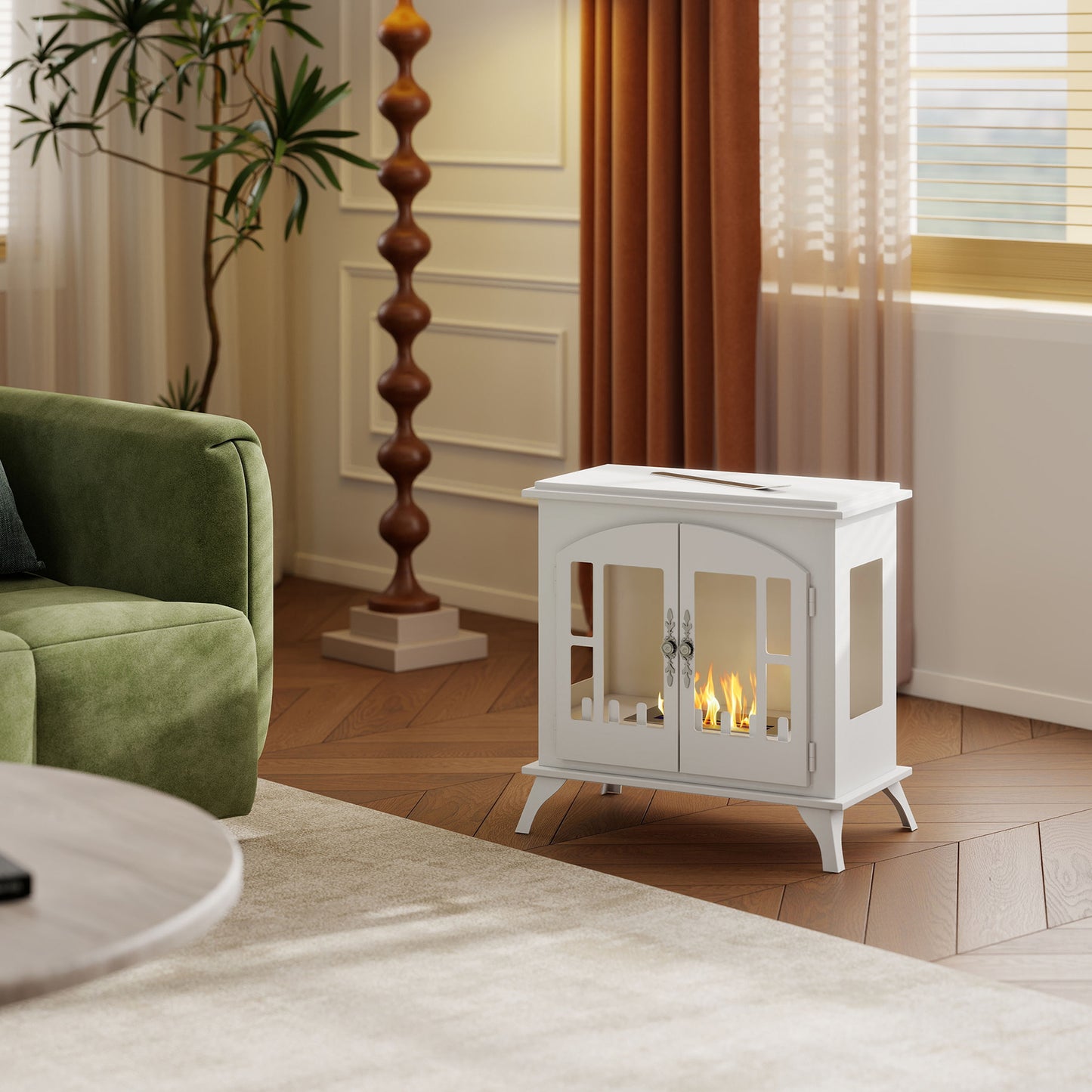 Ethanol Fireplace Stove Freestanding Bioethanol Fire, 0.9L Tank White