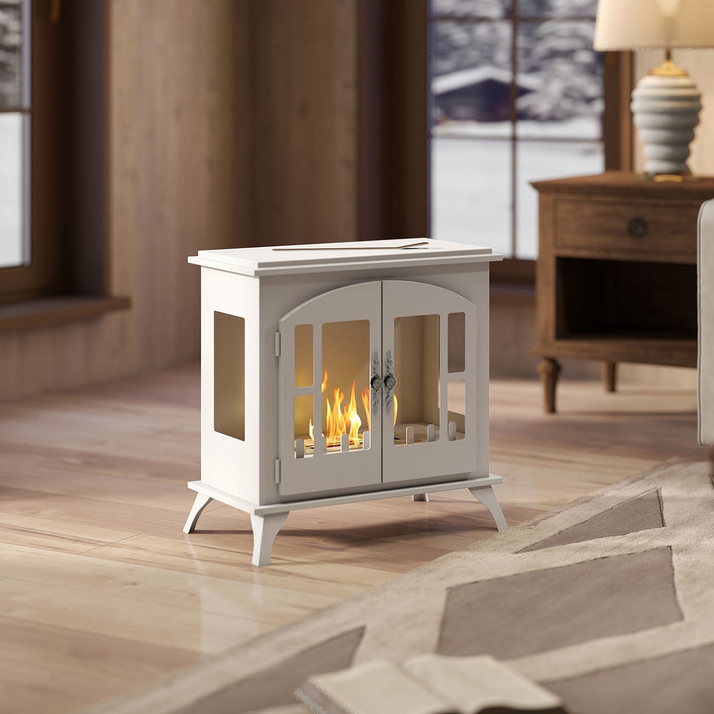 Ethanol Fireplace Stove Freestanding Bioethanol Fire, 0.9L Tank White