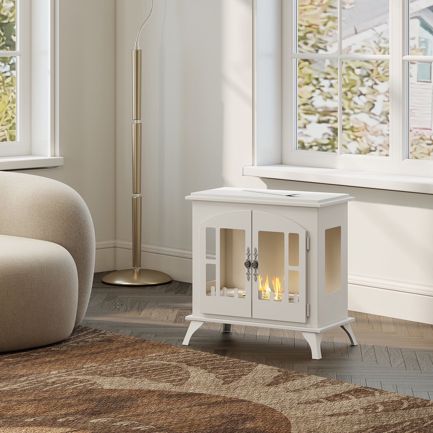 Ethanol Fireplace Stove Freestanding Bioethanol Fire, 0.9L Tank White