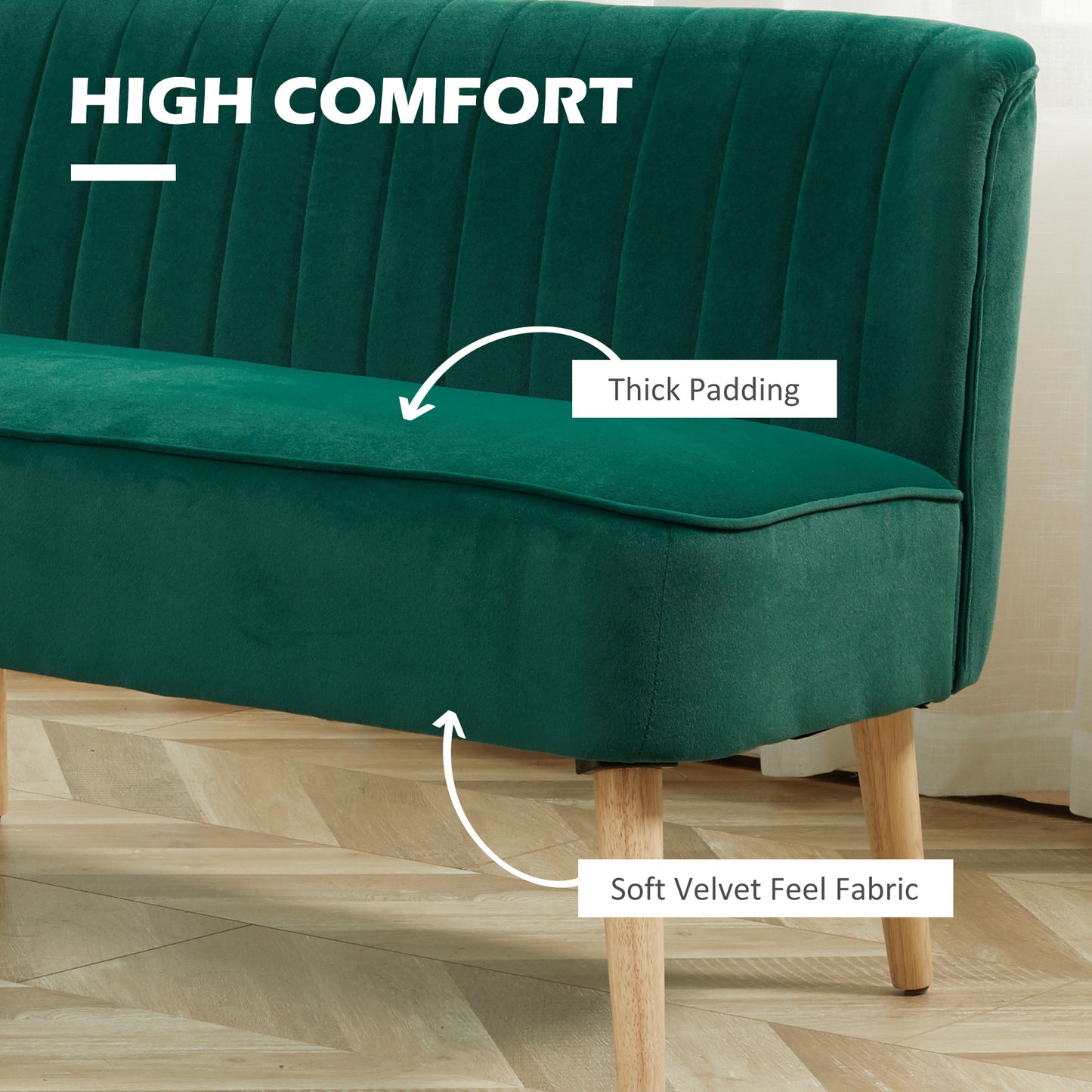 Velvet-Feel Double Sofa w/ Wood Frame Foam Padding High Back, Green
