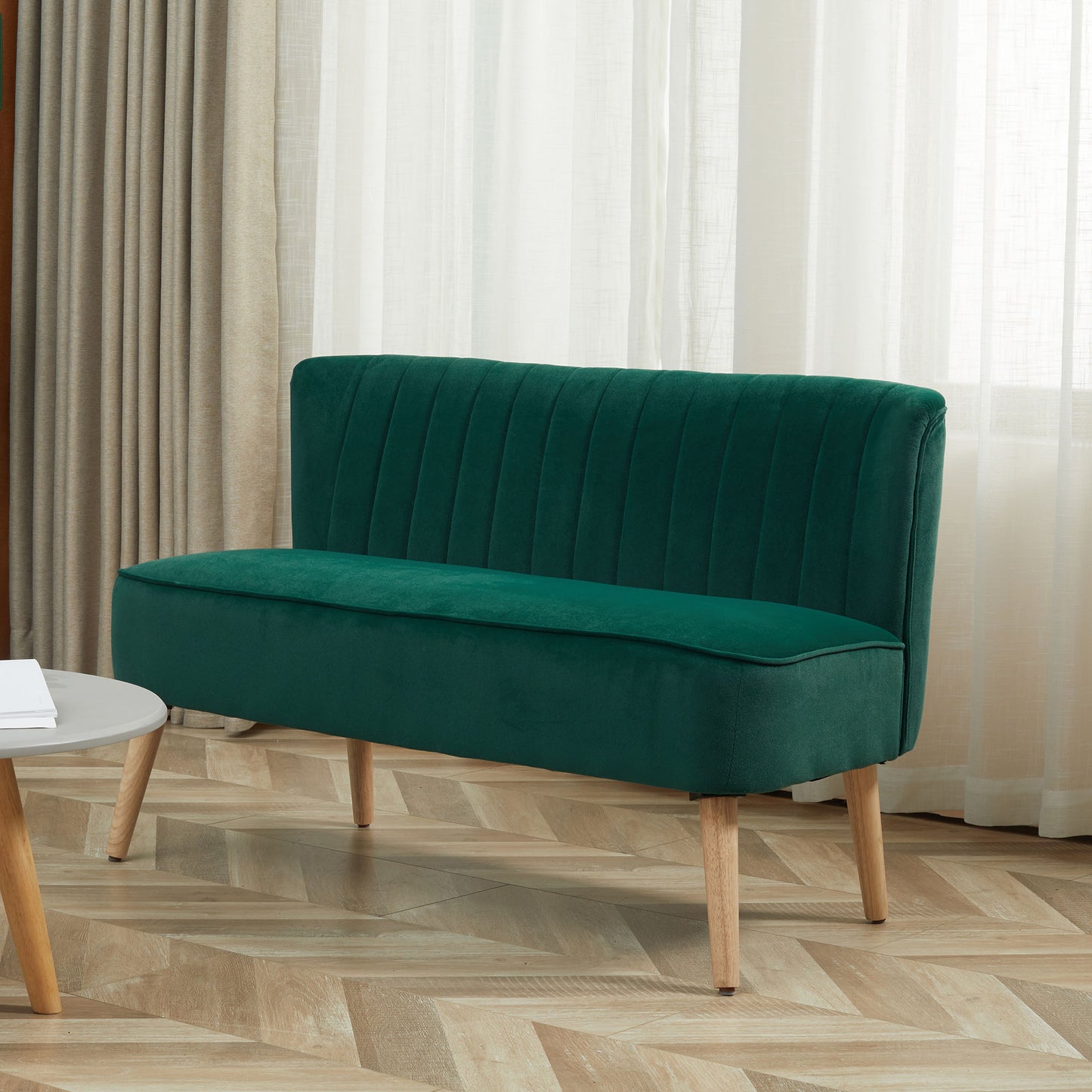Velvet-Feel Double Sofa w/ Wood Frame Foam Padding High Back, Green