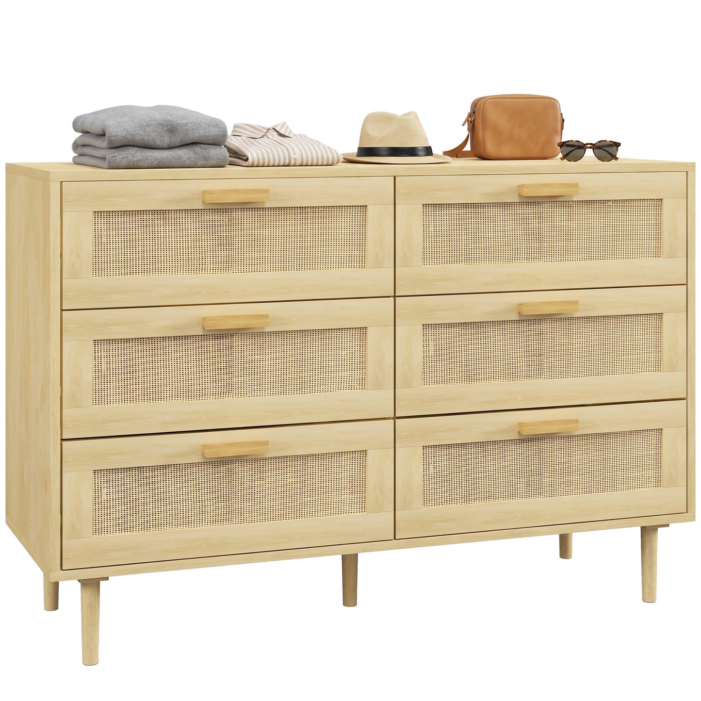 Chest of Drawers, 6 Drawer Dresser, Bohemian Storage Cabinet with Rattan Element for Bedroom, Living Room, Oak